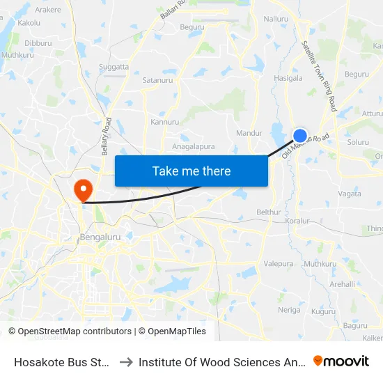 Hosakote Bus Stand (Old) to Institute Of Wood Sciences And Technology map
