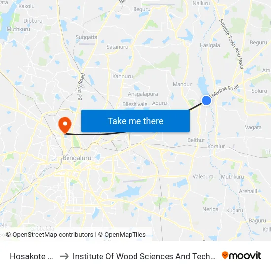 Hosakote Toll to Institute Of Wood Sciences And Technology map