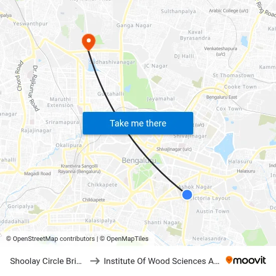 Shoolay Circle Brigade Road to Institute Of Wood Sciences And Technology map