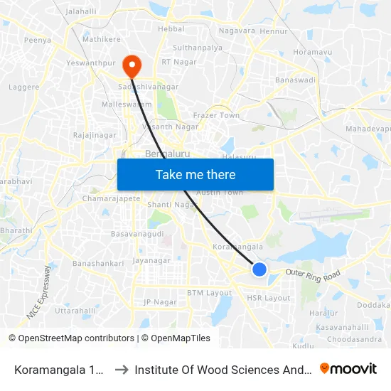 Koramangala 1st Block to Institute Of Wood Sciences And Technology map