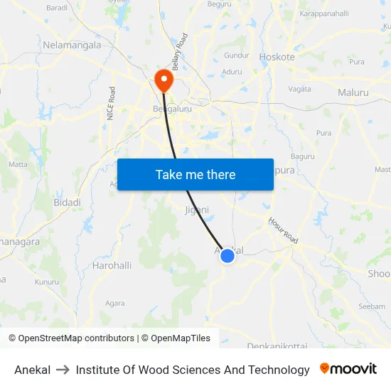 Anekal to Institute Of Wood Sciences And Technology map