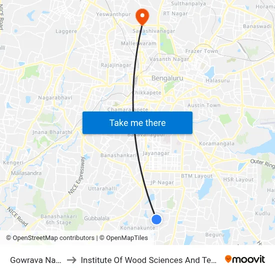 Gowrava Nagara to Institute Of Wood Sciences And Technology map
