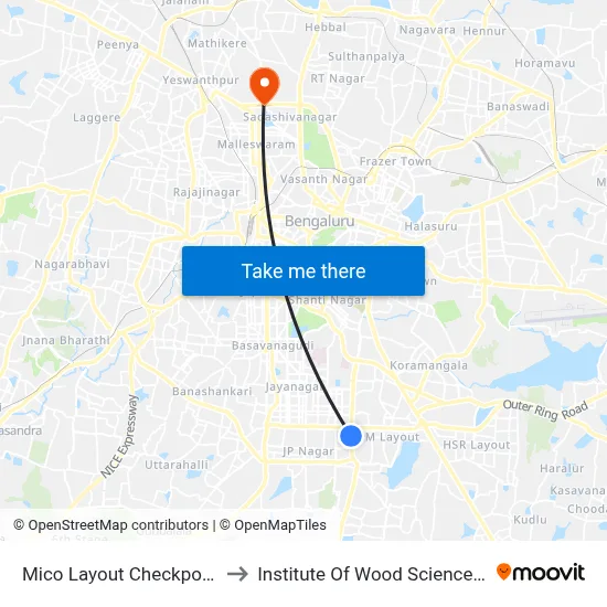 Mico Layout Checkpost Gopalan Mall to Institute Of Wood Sciences And Technology map