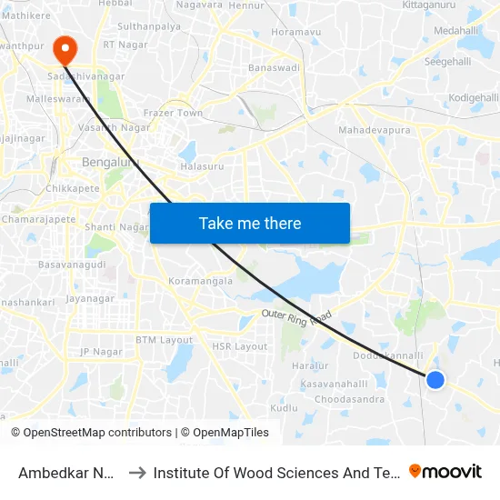 Ambedkar Nagara to Institute Of Wood Sciences And Technology map