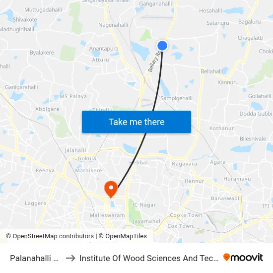 Palanahalli Gate to Institute Of Wood Sciences And Technology map