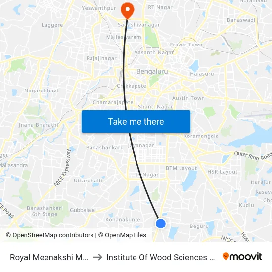 Royal Meenakshi Mall Bg Road to Institute Of Wood Sciences And Technology map