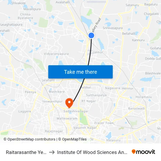 Raitarasanthe Yelahanka to Institute Of Wood Sciences And Technology map
