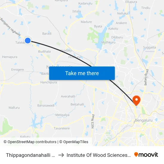 Thippagondanahalli Tumkur Road to Institute Of Wood Sciences And Technology map