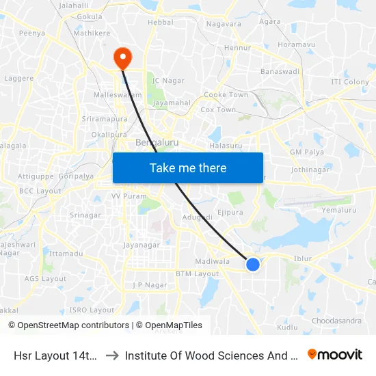Hsr Layout 14th Main to Institute Of Wood Sciences And Technology map