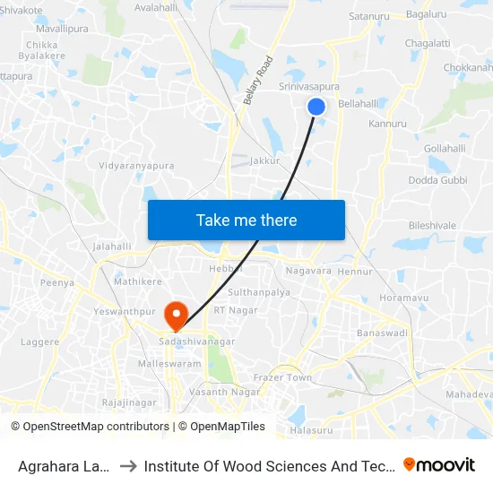 Agrahara Layout to Institute Of Wood Sciences And Technology map