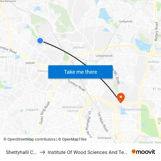 Shettyhalli Cross to Institute Of Wood Sciences And Technology map