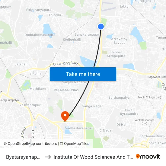 Byatarayanapura Fly to Institute Of Wood Sciences And Technology map