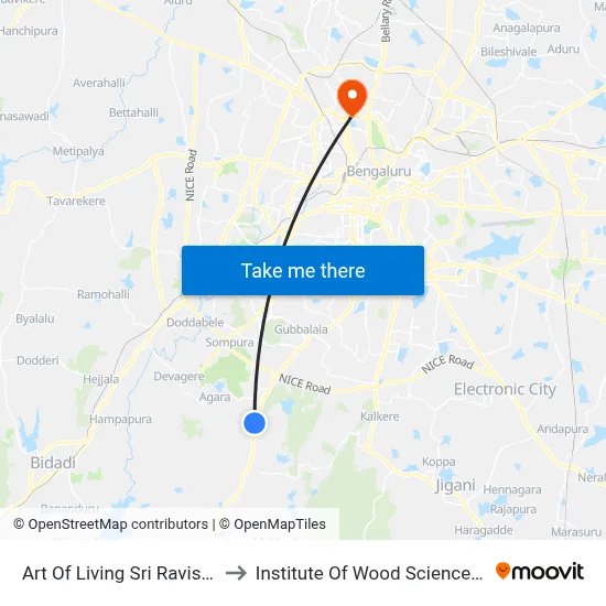 Art Of Living Sri Ravishankar Ashram to Institute Of Wood Sciences And Technology map