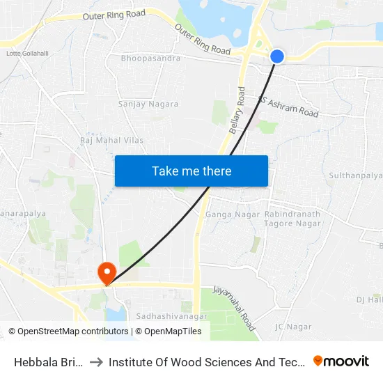 Hebbala Bridge to Institute Of Wood Sciences And Technology map
