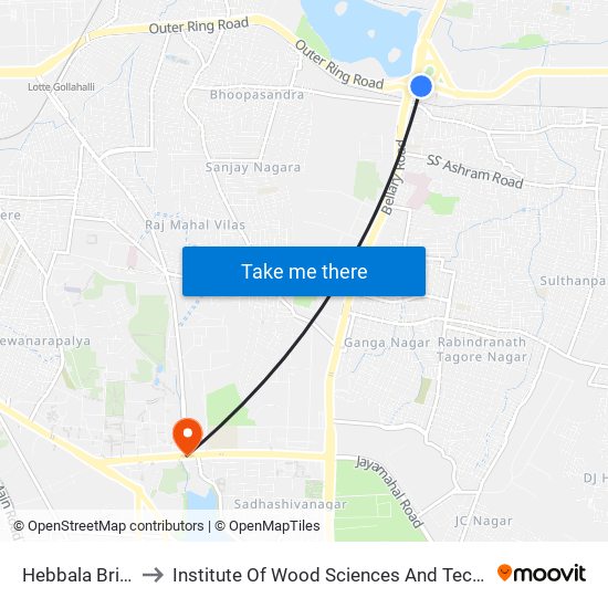 Hebbal Bridge to Institute Of Wood Sciences And Technology map