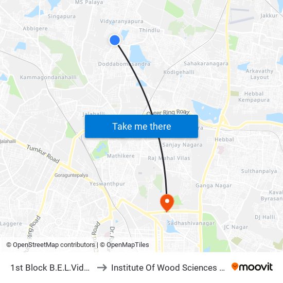 1st Block B.E.L.Vidyaranyapura to Institute Of Wood Sciences And Technology map