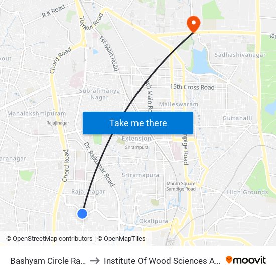 Bashyam Circle Rajajinagara to Institute Of Wood Sciences And Technology map