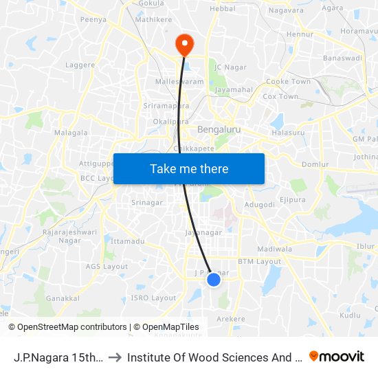 J.P.Nagara 15th Cross to Institute Of Wood Sciences And Technology map