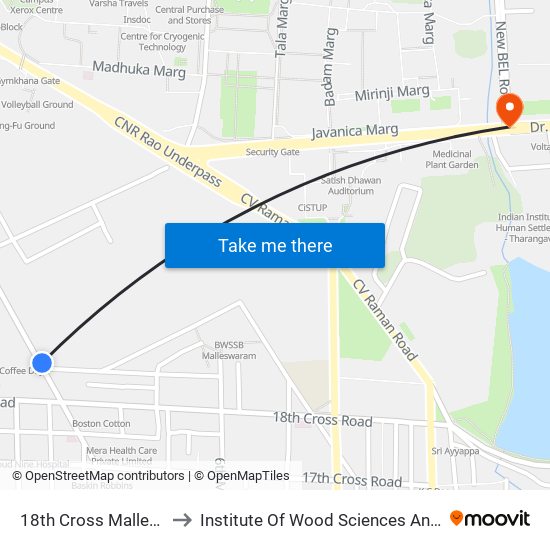 18th Cross Malleshwaram to Institute Of Wood Sciences And Technology map