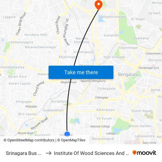Srinagara Bus Station to Institute Of Wood Sciences And Technology map