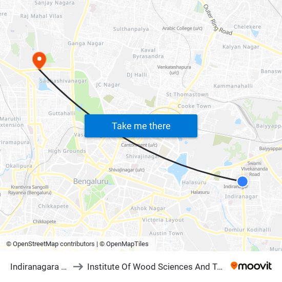 Indiranagara K.F.C. to Institute Of Wood Sciences And Technology map