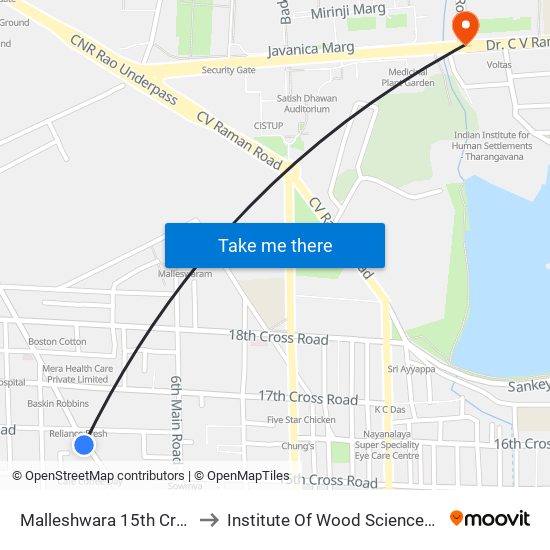 Malleshwara 15th Cross (8th Main) to Institute Of Wood Sciences And Technology map