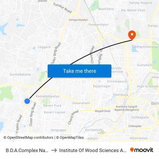 B.D.A.Complex Nagarabhavi to Institute Of Wood Sciences And Technology map