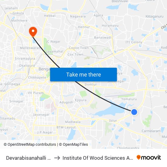 Devarabisanahalli Ring Road to Institute Of Wood Sciences And Technology map