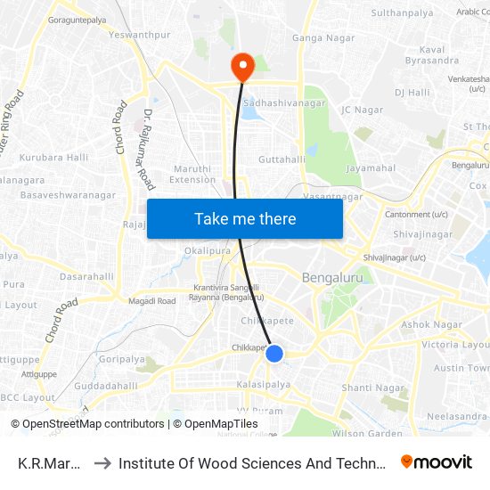 K.R.Market to Institute Of Wood Sciences And Technology map