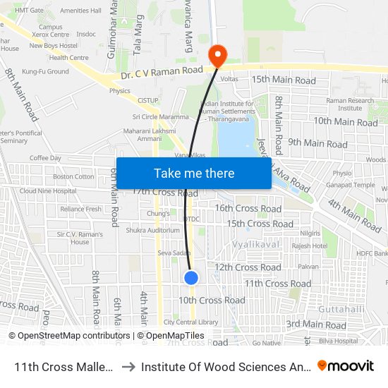 11th Cross Malleshwaram to Institute Of Wood Sciences And Technology map