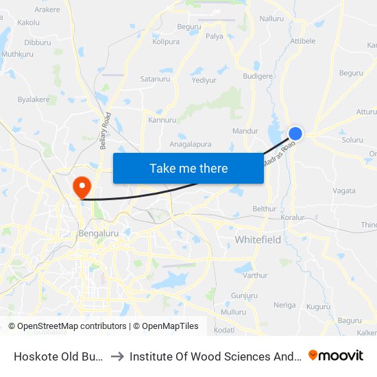 Hoskote Old Bus Stand to Institute Of Wood Sciences And Technology map