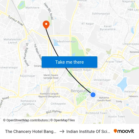 The Chancery Hotel Bangalore to Indian Institute Of Science map