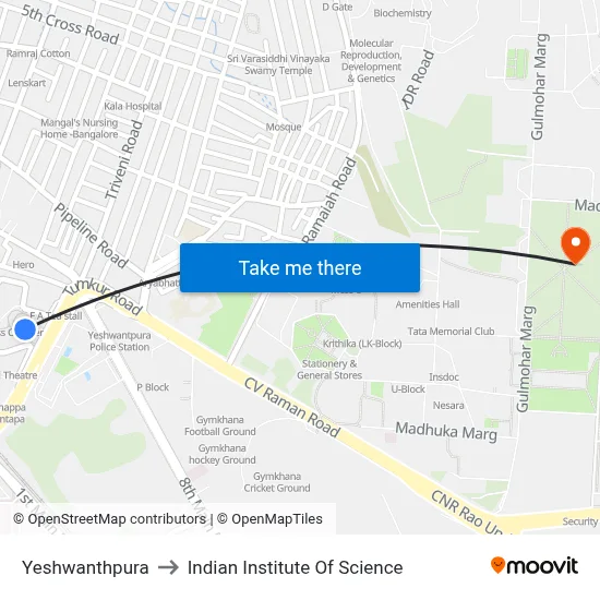 Yeshwanthpura to Indian Institute Of Science map