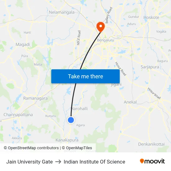 Jain University Gate to Indian Institute Of Science map