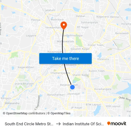 साउथ एंड सर्कल मेट्रो स्टेशन to भारतीय विज्ञान संस्थान map
