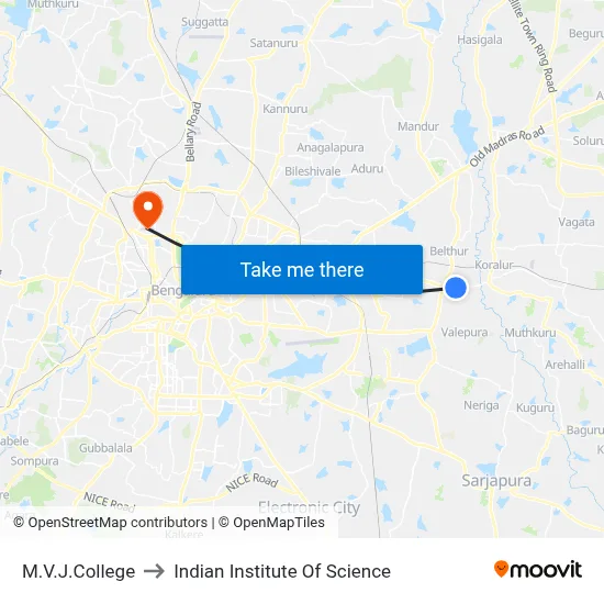 M.V.J.College to Indian Institute Of Science map