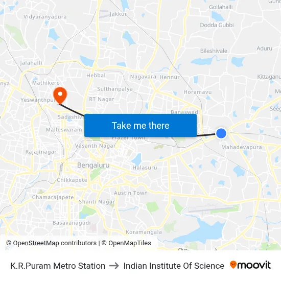 K.R.Puram Metro Station to Indian Institute Of Science map