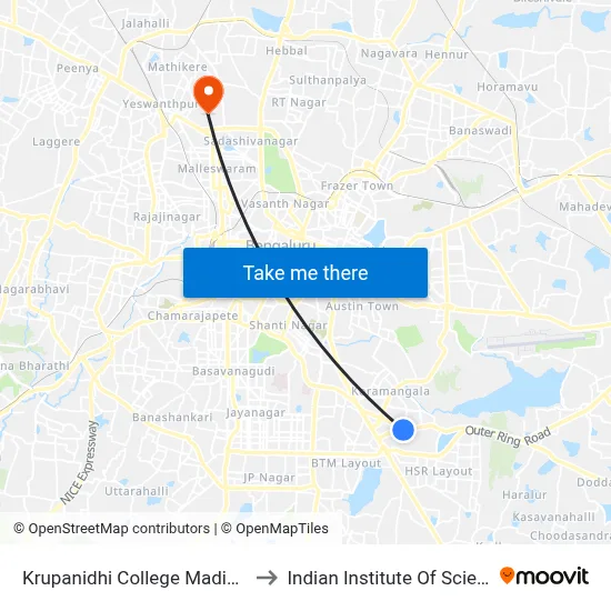 Krupanidhi College Madiwala to Indian Institute Of Science map