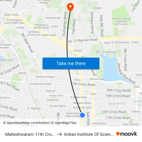 Malleshwaram 11th Cross to Indian Institute Of Science map