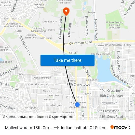 Malleshwaram 13th Cross to Indian Institute Of Science map