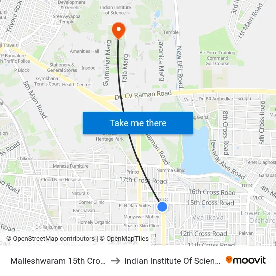 Malleshwaram 15th Cross to Indian Institute Of Science map