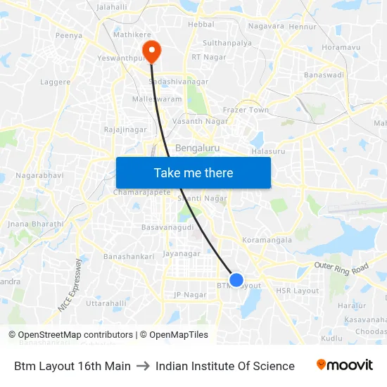 Btm Layout 16th Main to Indian Institute Of Science map