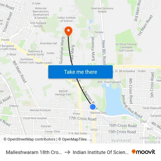 Malleshwaram 18th Cross to Indian Institute Of Science map