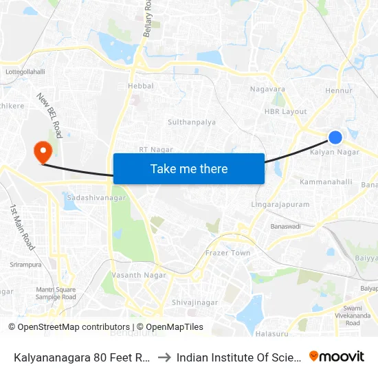 Kalyananagara 80 Feet Road to Indian Institute Of Science map