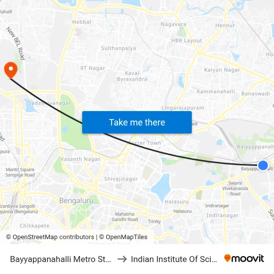 Bayyappanahalli Metro Station to Indian Institute Of Science map