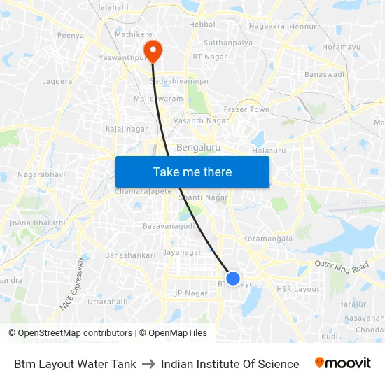 Btm Layout Water Tank to Indian Institute Of Science map