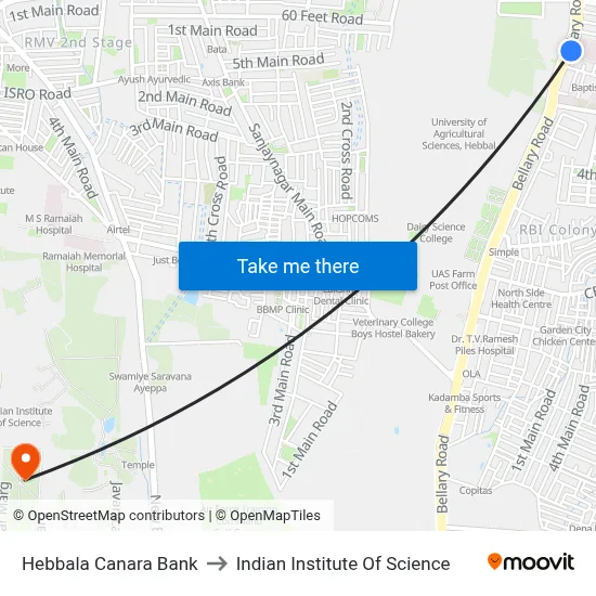 Hebbala Canara Bank to Indian Institute Of Science map
