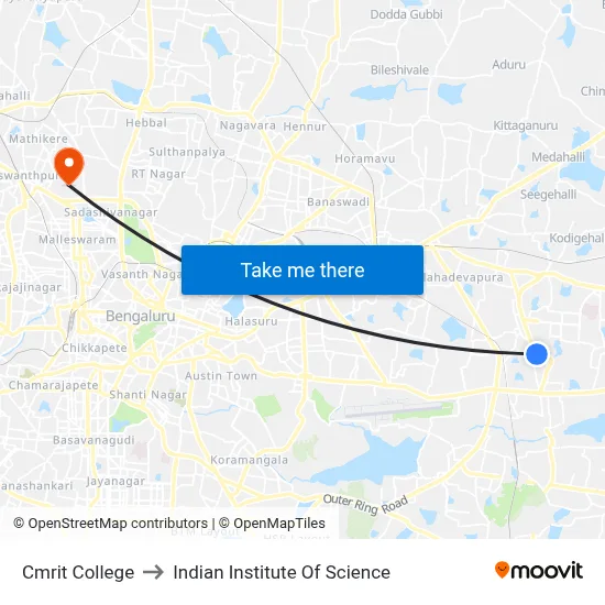 Cmrit College to Indian Institute Of Science map