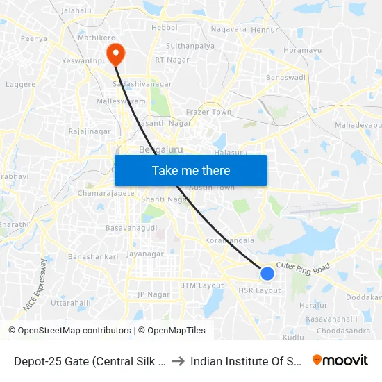 Depot-25 Gate (Central Silk Board) to Indian Institute Of Science map