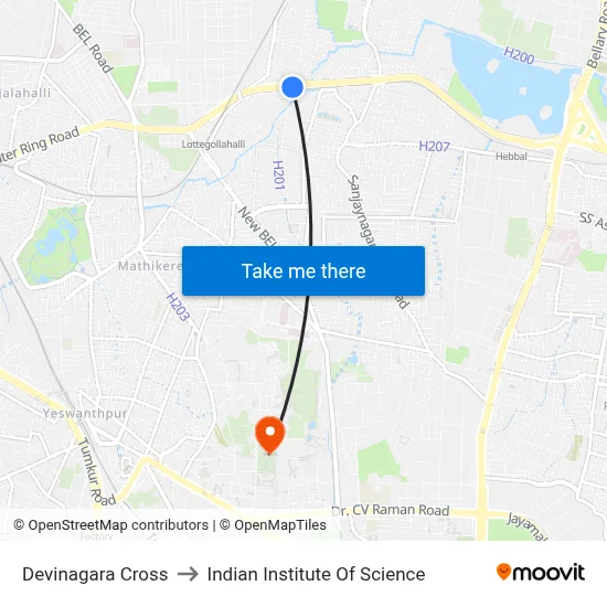 Devinagara Cross to Indian Institute Of Science map